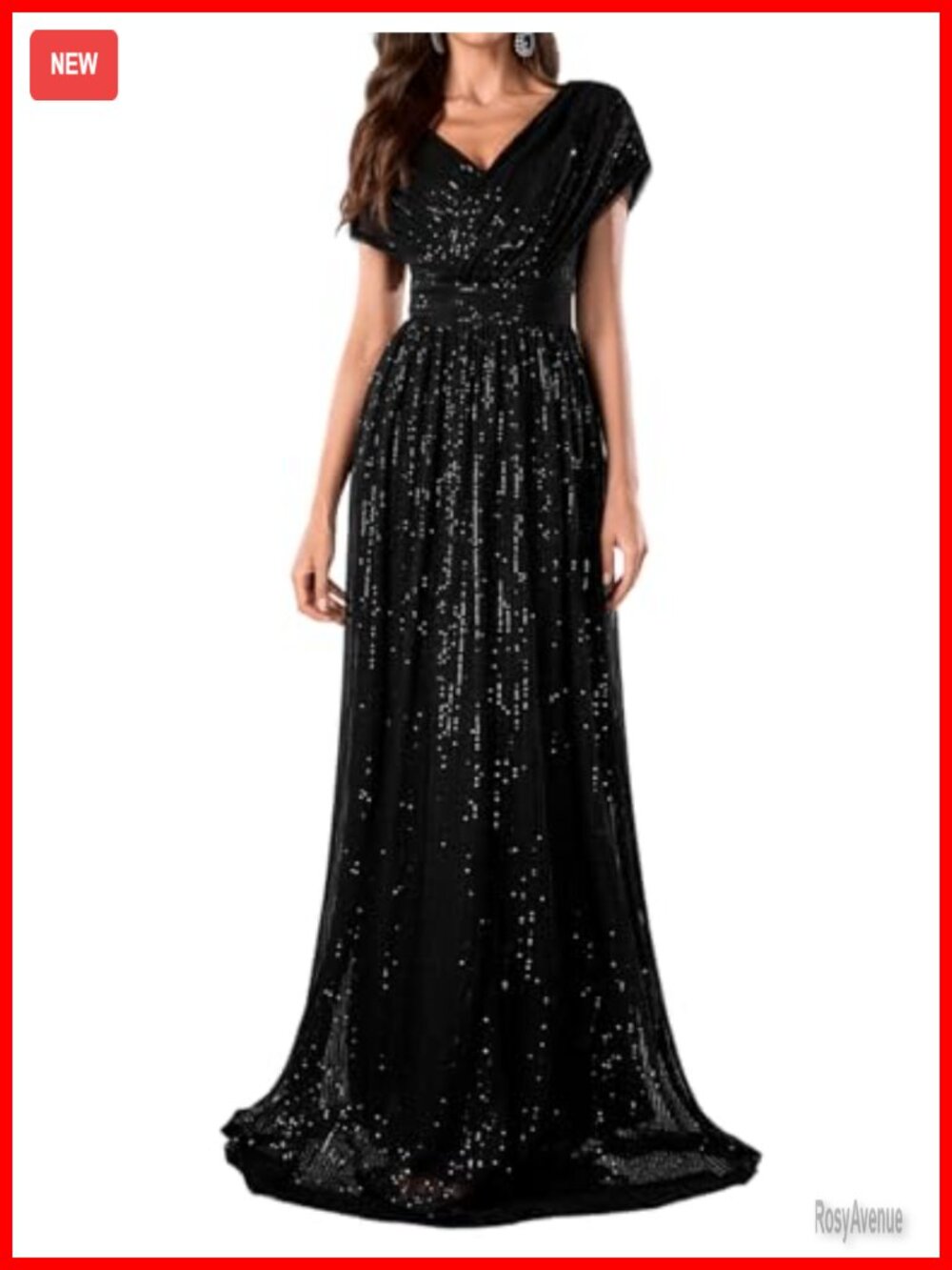 V-Neck Sequin A-Line Evening Dress Ruffle Sleeves Party Gown